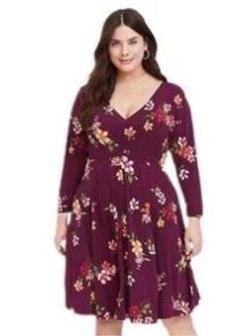 Plum Floral V-Neck Fit & Flare Fall Midi wrap  Dress knee length classic